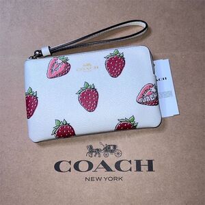 COACH Strawberry Print Wristlet Polished Pebble Leather CBB81 AUTHENTIC NWT